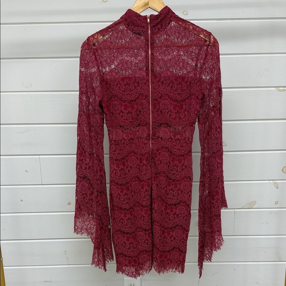 Lulus Bewitching Babe Wine Lace Bell Sleeve Dress Small - Picture 5 of 11